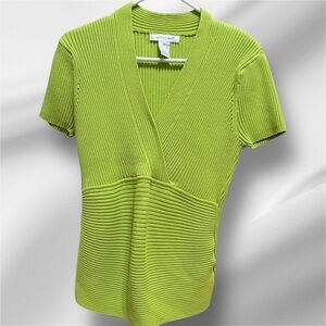 August Silk V-Neck Ribbed Short Sleeve Top in Lime